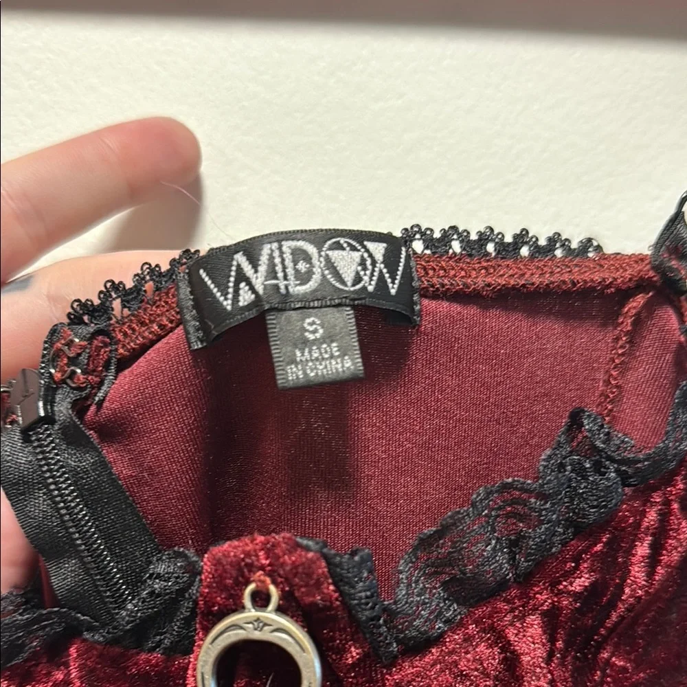 Red and Black Mini Velvet Dress with Lace Trim - Picture 2 of 4